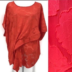 Lane Bryant Blouse Neon Orange Coral Asymmetric Draped Burnout Chiffon Tunic